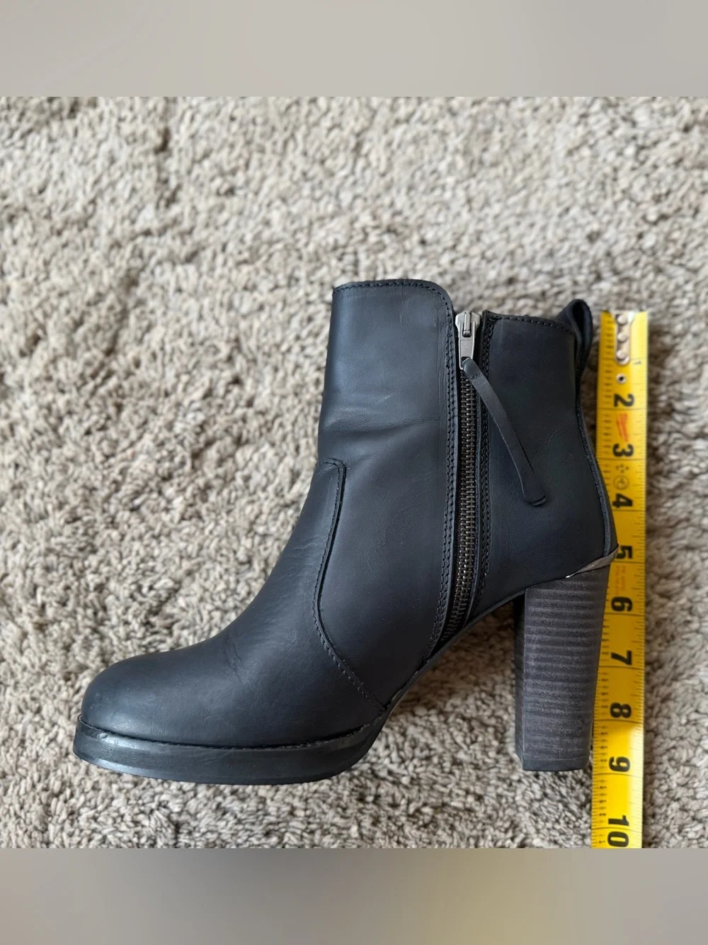 French Brand Loft Black Leather Ankle Boots Block Heel Side Zip Women US 8